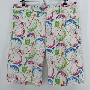 FlowGolf Men's Golf Shorts Size 36 Multicolor Golf Ball Tee Print Cotton Blend